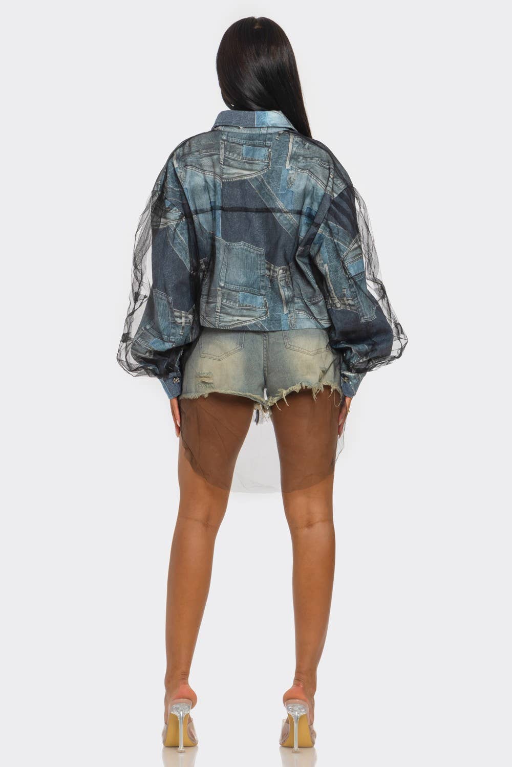 Athina Collection - Wholesale Overhemd met knopen - Dames - Denim Mesh Illusie Oversized Shirt5