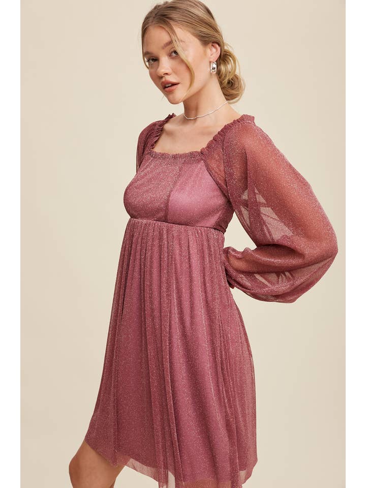 Listicle - Wholesale Dress - Women's - Glitter Mesh Long Sleeve Babydoll Dress LD12787