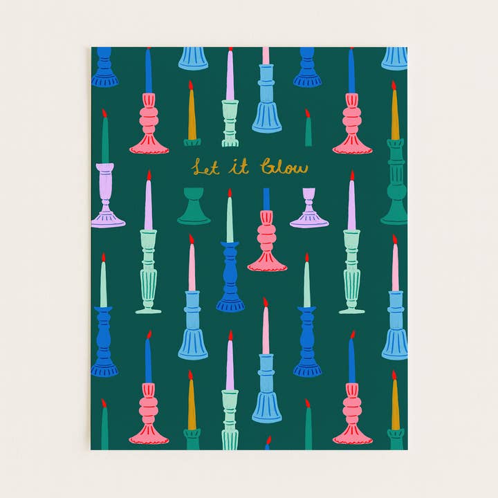 Affiche d'art de bougie de vacances "Let It Glow" en vert pour la vente par Three Strands Design