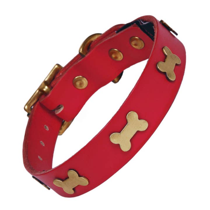 Messing Botten Rood Leren Hondenhalsband voor wholesale door Creature Clothes