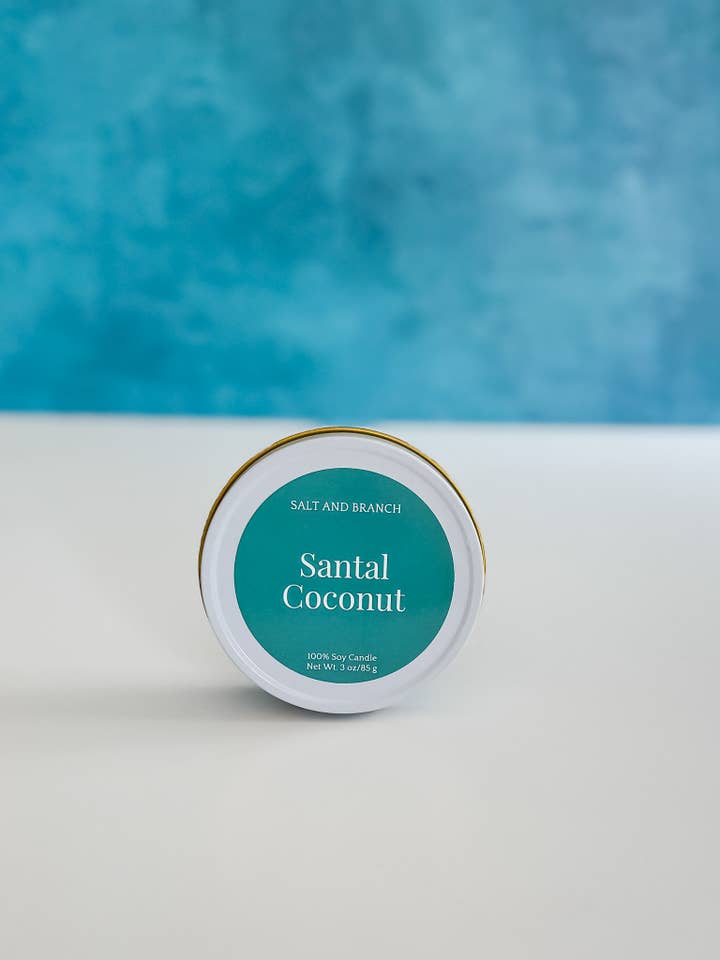 Latta di Candela Bianca al Cocco Santal - 3 oz per la vendita all'ingrosso da parte di Salt and Branch