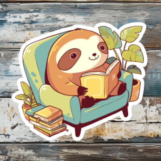 Sloth Book Reading Die Cut Vinyl Sticker for wholesale by Prairie Chicken Sticker Shop & Gifts