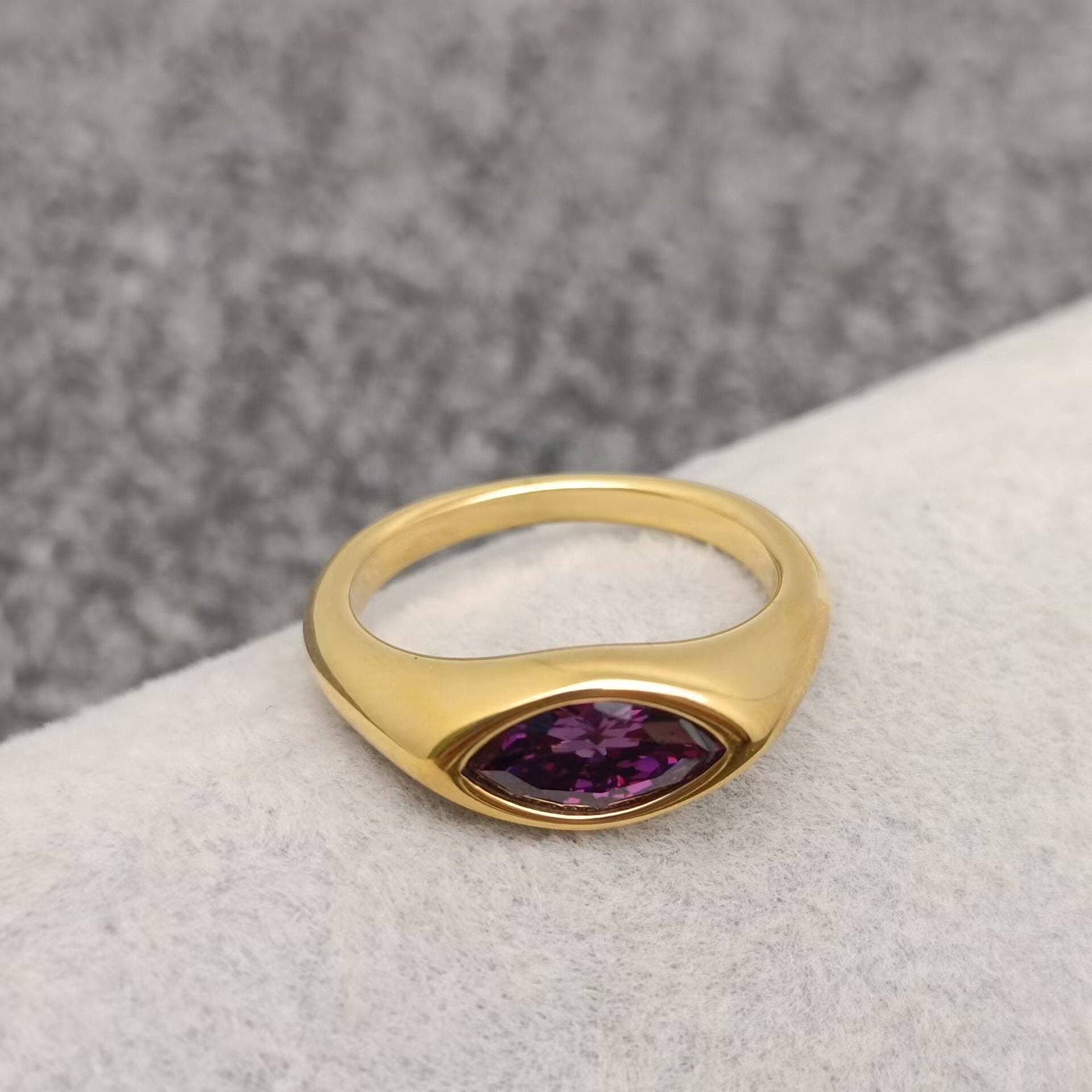 Mio Queena – wholesale Single stone/solitaire ring – FGS - Horse Eye Zircon 18K Gold Plated Stainless Steel Ring8