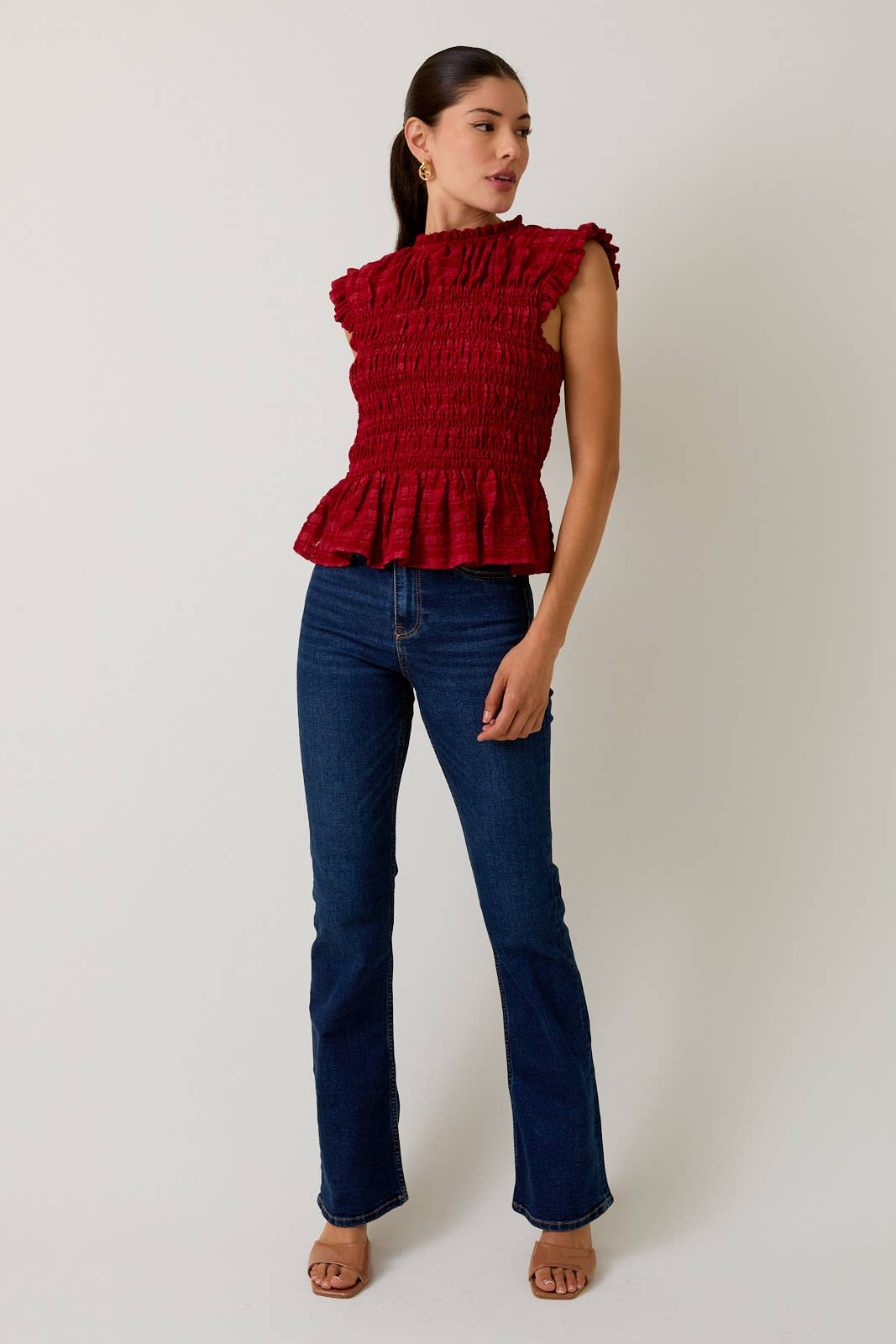 Sunday Edition - Wholesale Blouse - Women's - SLEEVELESS RUFFLE NECK SMOCKED TOP4