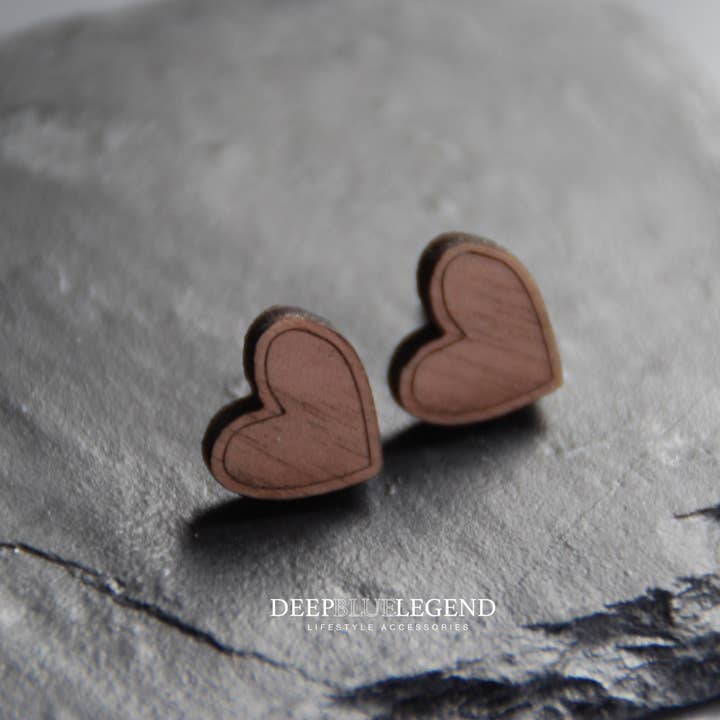 Deep Blue Legend Jewelry - Wholesale Stud/Post Earrings - Handdrawn Heart Stud Earrings in Wood, Heart Earrings