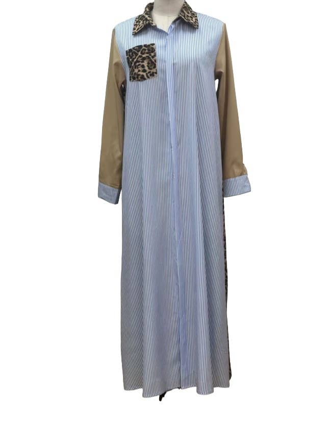 Rosa Clothing - Wholesale Dress - Women's - Casual leopard striped patchwork maxi shirt dress3