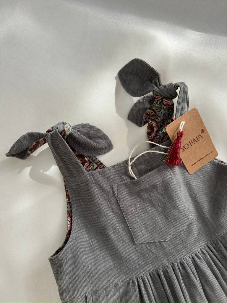 Yo Baby - Wholesale Dress - Kids - Reversible Solid Grey Corduroy & Grey Floral Printed Ruffle Dress4