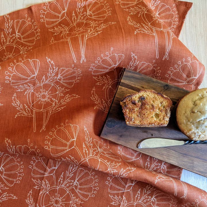 Orange Linework Poppies Tea Towel for wholesale by Jen Fox Studio