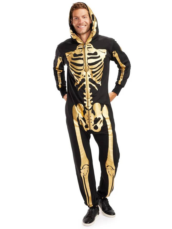 Gold Skeleton Jumpsuit - Men's Halloween Costume Onesie for wholesale by Tipsy Elves