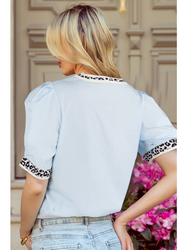 1 the Woman - Wholesale Blouse - Women's - Contrast Leopard Trim Split Neck Puff Sleeve Blouse3