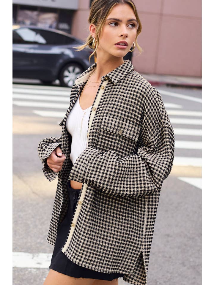 La Miel - Wholesale Shirt Jacket/Shacket - Women’s - JKT1793-Unique Waffle Textured Oversized Button Down Shacket1
