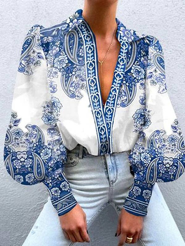 BLUE Floral Print V-Neck Button-Up Blouse with Long Sleeves for wholesale on Faire