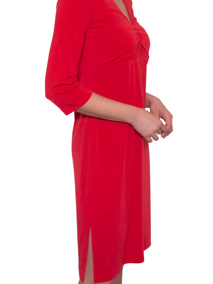 57308 Red: Red V Neck 3/4 Sleeve Casual Dress for wholesale by Shendel
