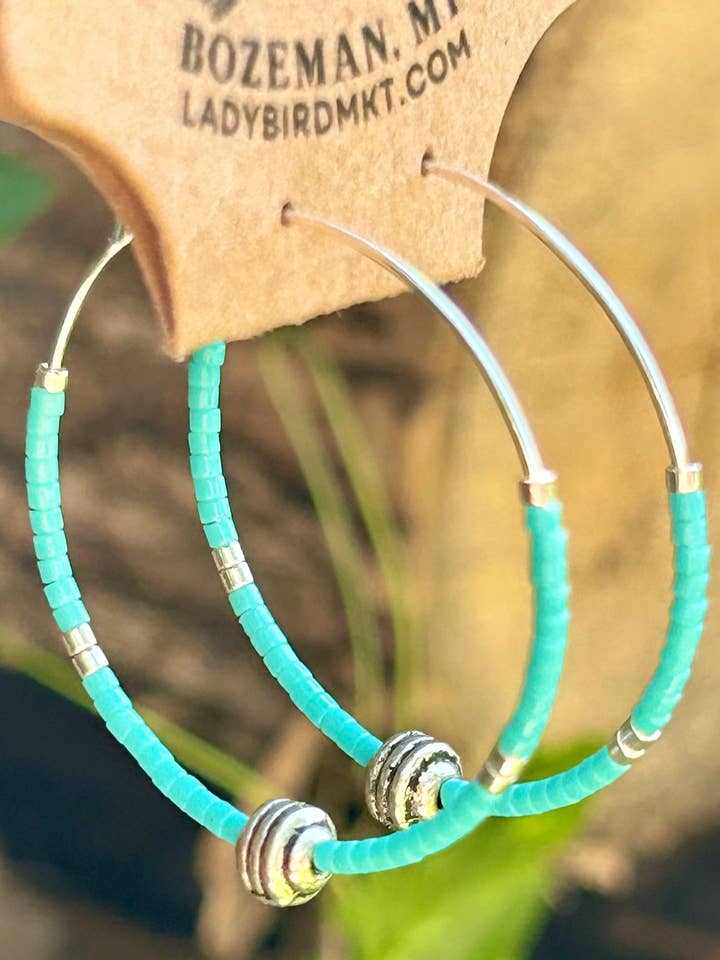 Turquoise & Silver Pendant Beaded Hoop Earrings for wholesale by Lady Bird Market