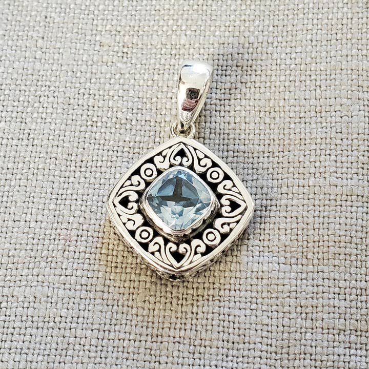 Cushion Cut Blue Topaz Bali .925 Sterling Silver Pendant for wholesale by Dalfiya