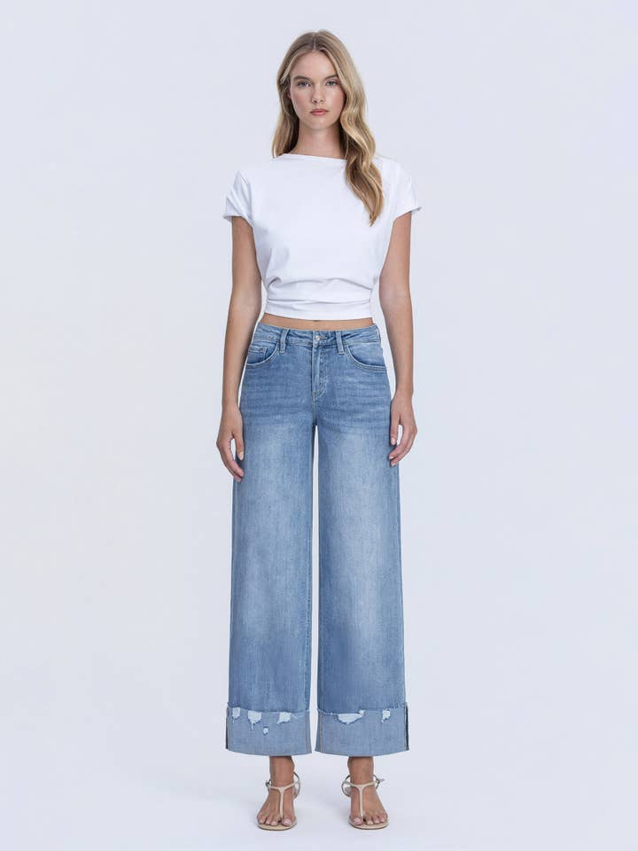 NOVELTY HIGH RISE MEDIUM WASH CUFFED WIDE JEANS LV1604 for wholesale on Faire2