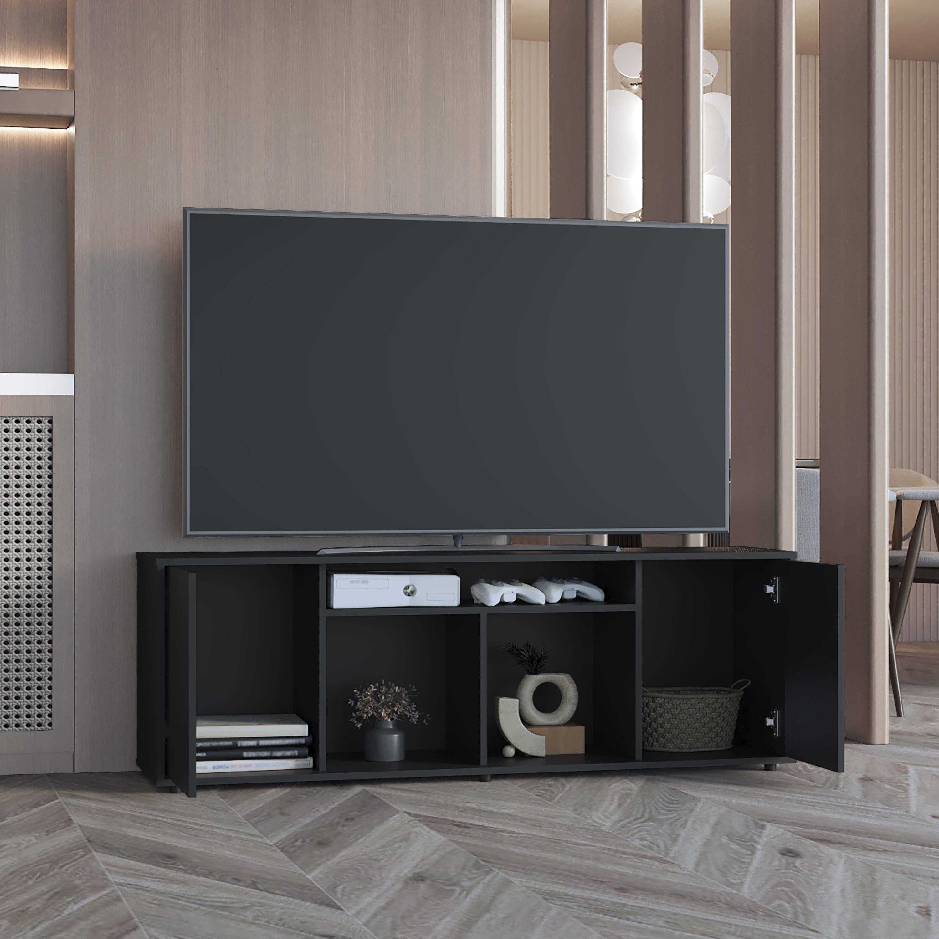 Black Prana TV cabinet in melamine, ample storage and 3 shelves. for wholesale on Faire4