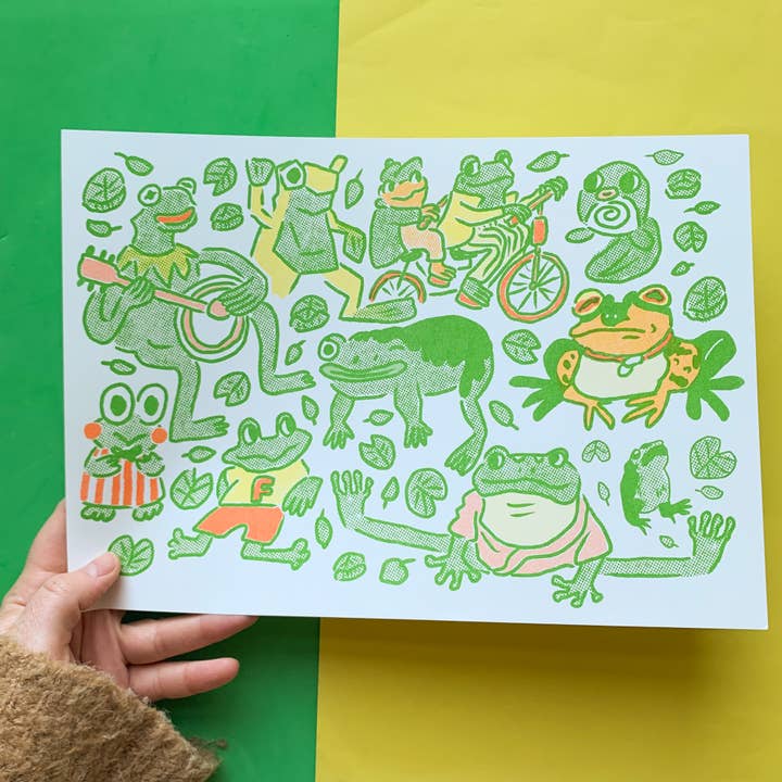 Famous Frogs A4 Risograph Print for wholesale by Sophie Heywood