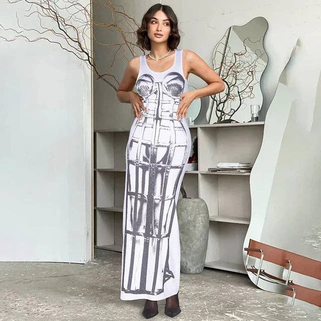 Blanco Vestido sexy con estampado de grafiti para mujer, casual, elástico, veraniego, hipster, maxi ajustado, ropa urbana, vintage de venta al por mayor en Faire