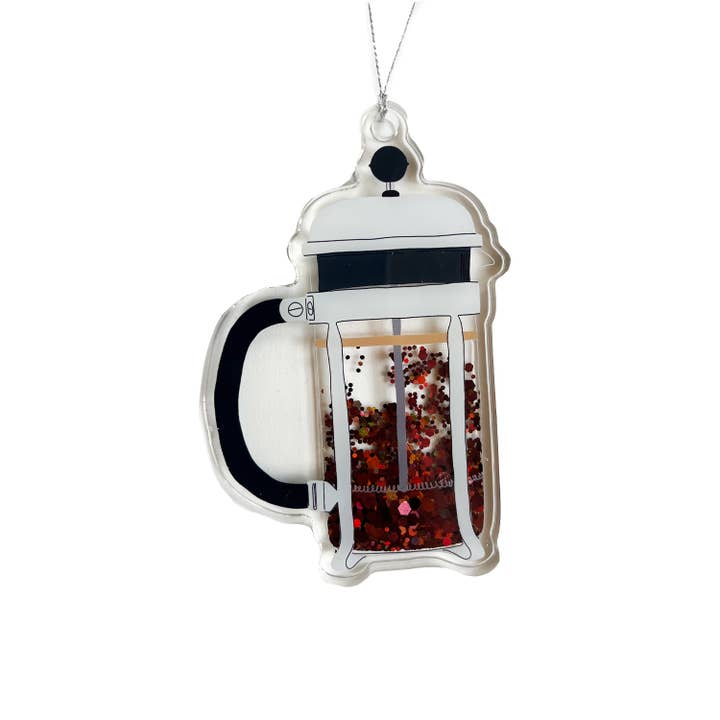 French Press Coffee Glitter Sparkle Shaker Acrylic Ornament for wholesale by Drawn Goods