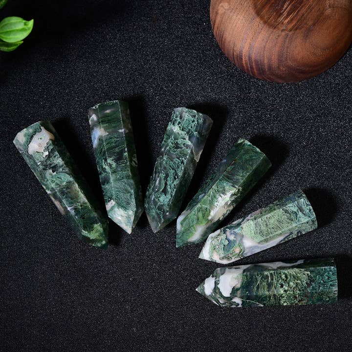 DARKGREEN Natural Moss Agate Pointed Crystal Tower_CWMM8117 for wholesale on Faire2
