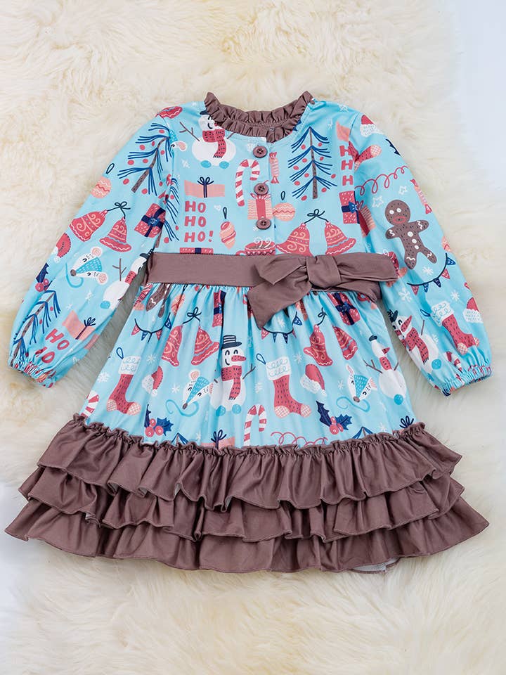 Kids Charm Online - Wholesale Dress - Kids - SNOWMAN PRINTED ON BLUE 3 LAYER RUFFLE DRESS. DRG50133017SOL
