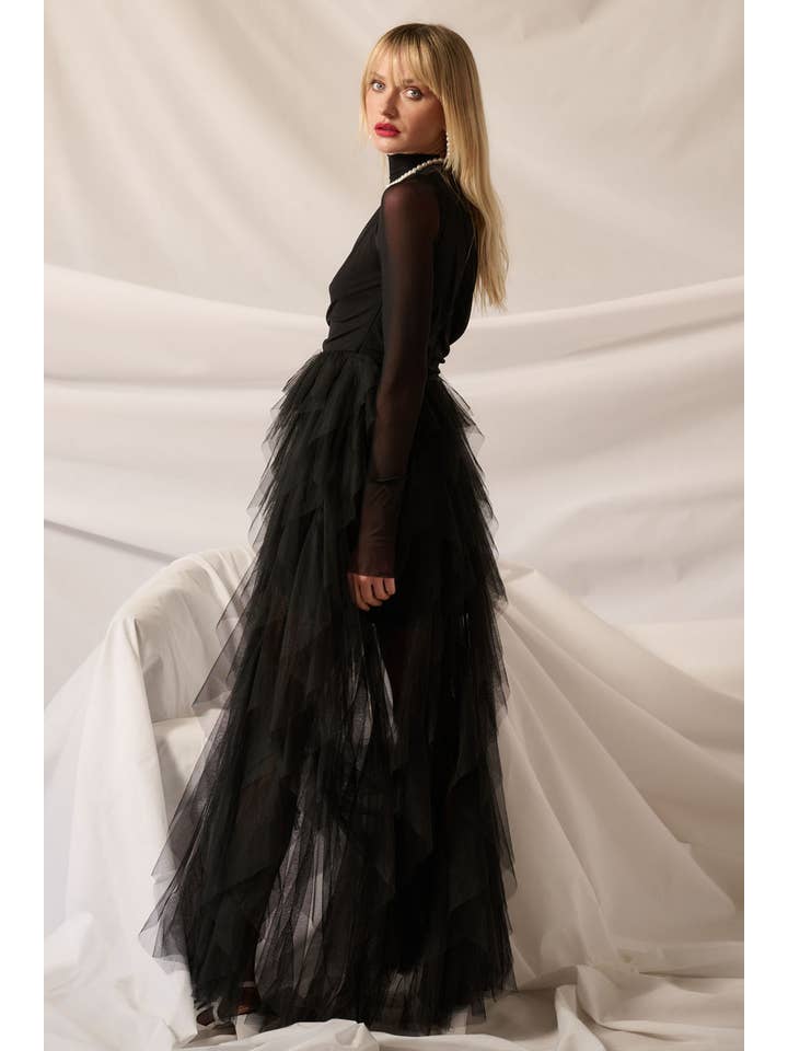 Black Ruffled Mesh Long-Sleeve Mock-Neck Maxi Dress for wholesale on Faire
