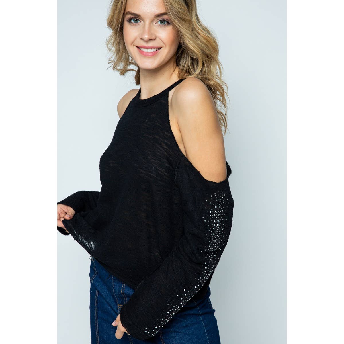 BLACK COLD SHOULDER LONG SLEEVE CROP TOP WITH STONES for wholesale on Faire2
