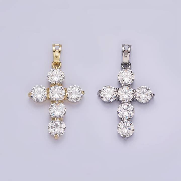 14K Gold Filled Clear CZ Round Lined Religious Cross Pendant in Gold & Silver | AA650 for wholesale by Aim Eternal