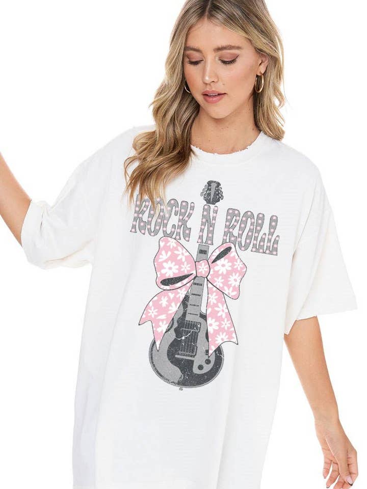 PUFF' Bow Ribbon Rock N Roll Oversized Graphic Top for wholesale by Foryeri