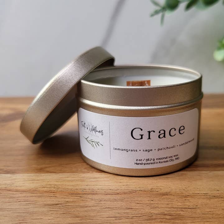 Grace - 2 oz Travel Candle - Lemongrass, Sage, Patchouli for wholesale by Faith & Wildflowers