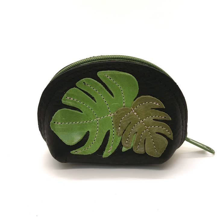 Monstera Leaf Leather Appliqué DJ Pouch for wholesale by Vicki Jean Leather Design Co.