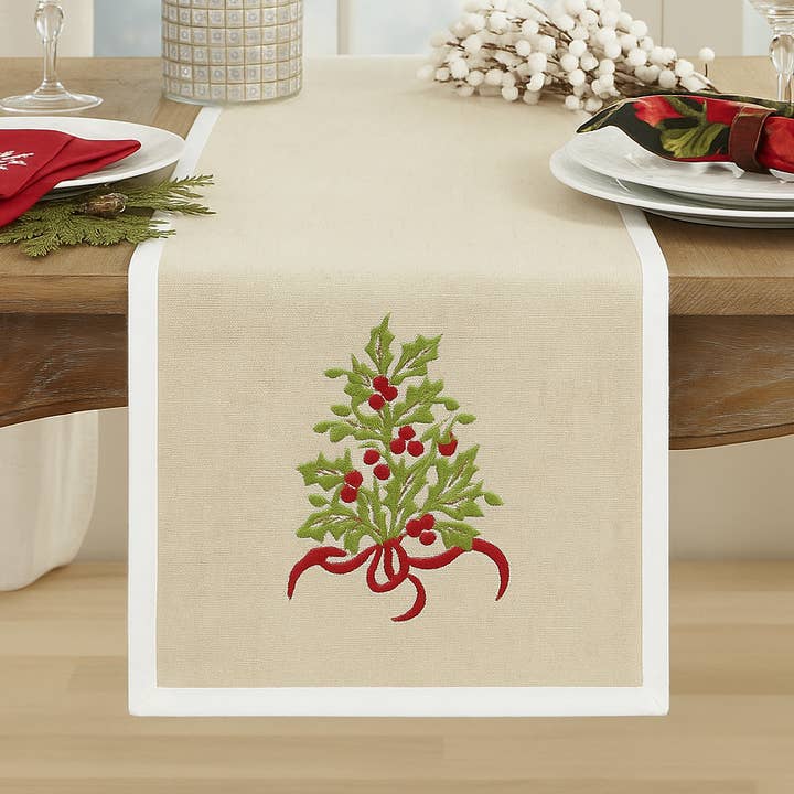 Fennco Styles - Wholesale Table Runner - Natural and White Embroidered Holly Tree Table Runner0