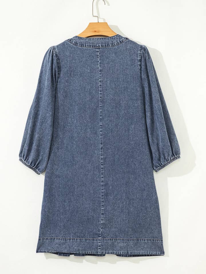 Sail Blue 3/4 Sleeve Tied V Neck Pleated Denim Mini Dress for wholesale on Faire5