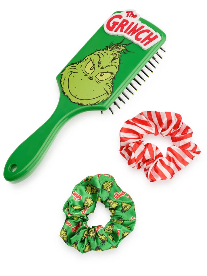 The Grinch Womens Multicoloured Character Face Hair Brush and Scrunchie Set (One Size) for wholesale by Vanilla Underground