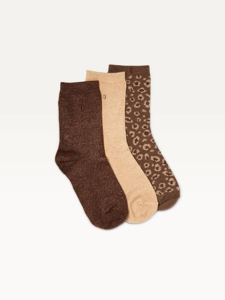 ODAJE - Vendita all'ingrosso Calzini - Donna - Confezione da 3 calzini - Fantastici glitter e leopardo marrone dorato