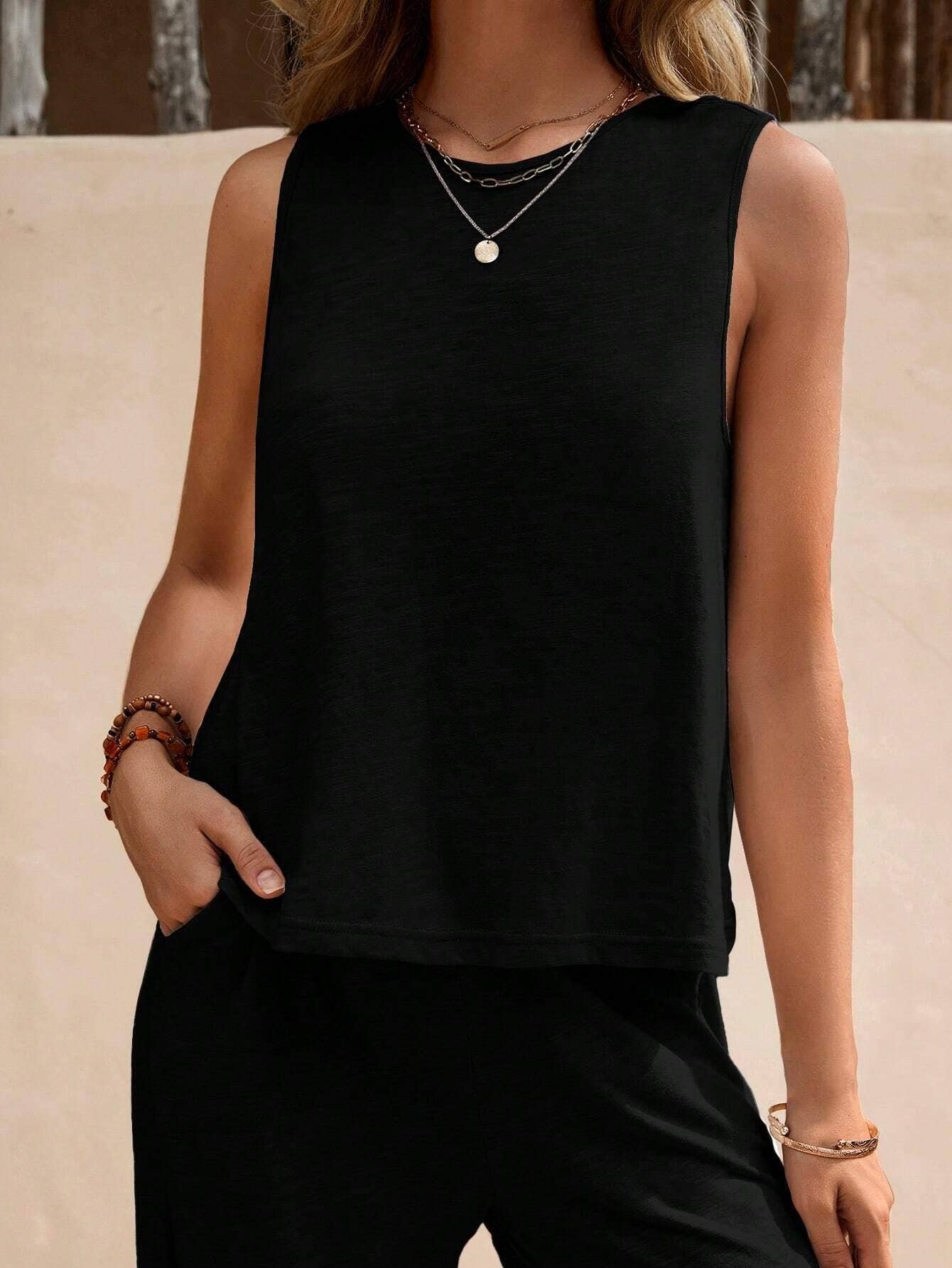 Sweetkama - Wholesale Top & Pant Set (NOT Loungewear) - Women's - Ladies Solid Color Sleeveless Vest and Pants Sets AXR36613