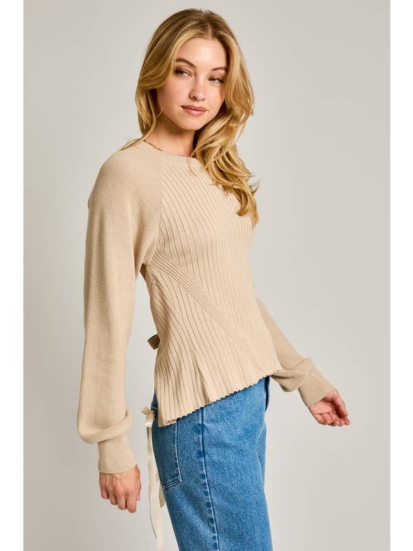 Beige Long Sleeve Crew Neck Ribbed Open Back Sweater for wholesale on Faire