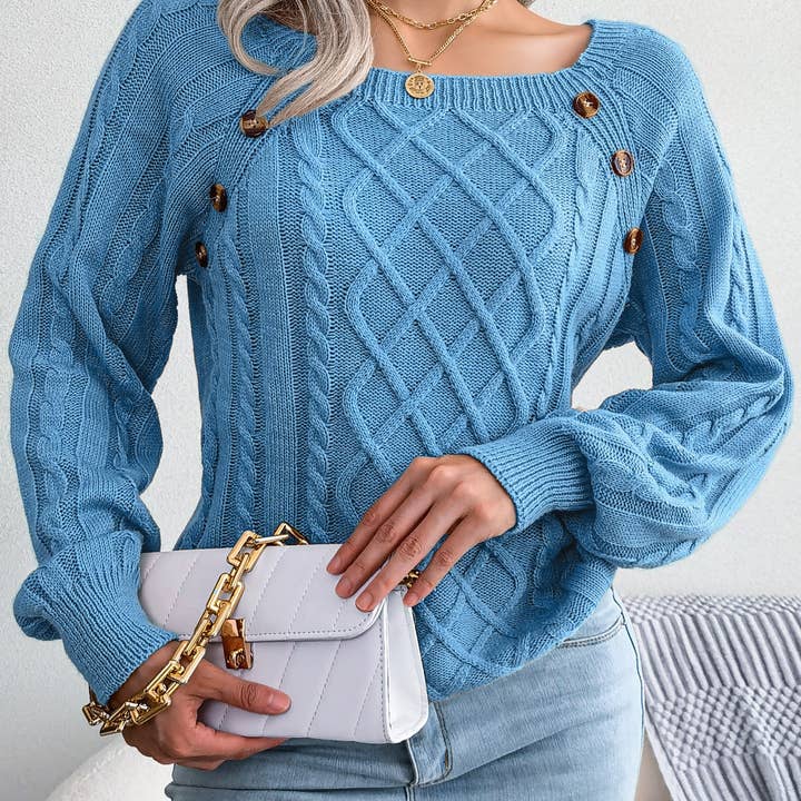 Suhkasana - Wholesale Knitted jumper – Women′s - Fall Winter Casual Square Neck Button Detail Cable Knit Swea5