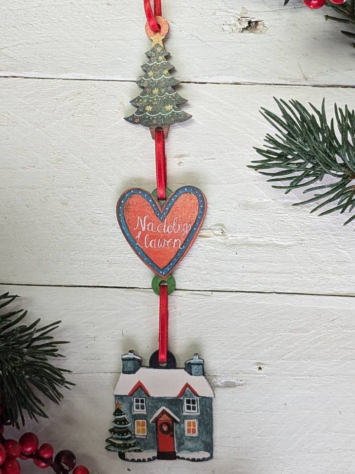 Nadolig Llawen Three Tier Wooden Decoration for wholesale by Driftwood Designs