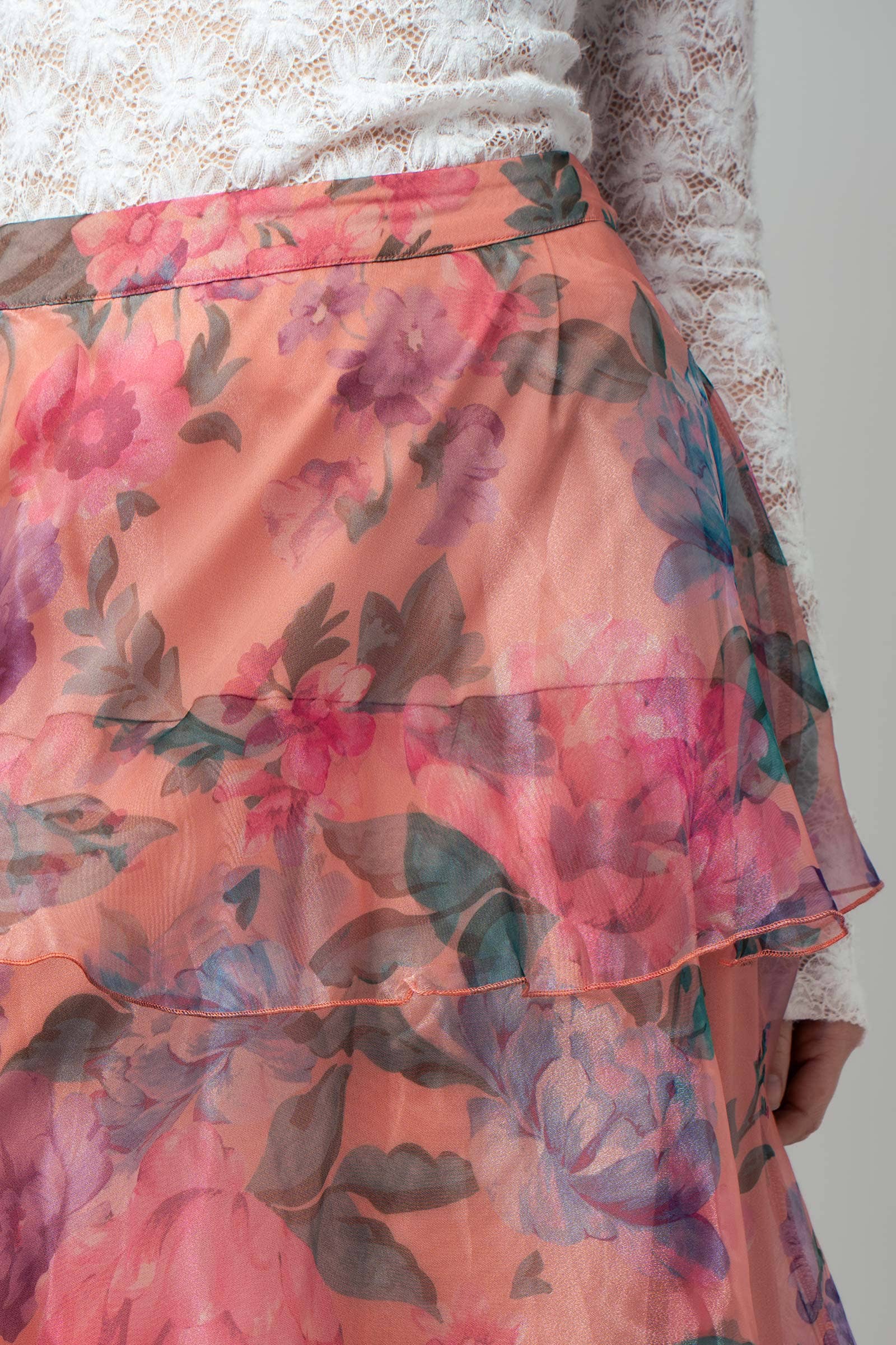 PEACH MULTI Sheer Floral Print Tiered Organza Maxi Skirt for wholesale on Faire12