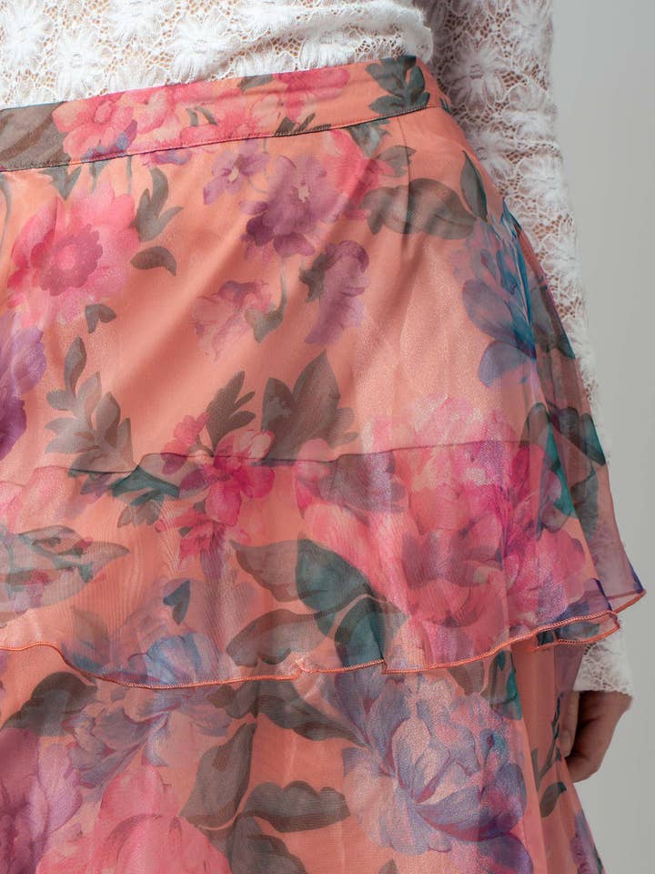 PEACH MULTI Sheer Floral Print Tiered Organza Maxi Skirt for wholesale on Faire12