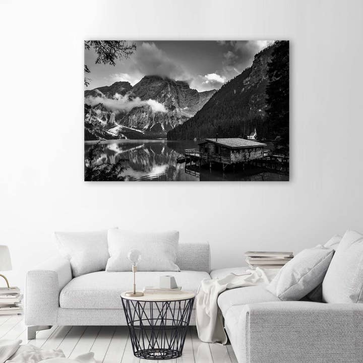 Motivartdesign - Vente Affiche d'art - cabane de montagne en toile au bord du lac - noir et blanc