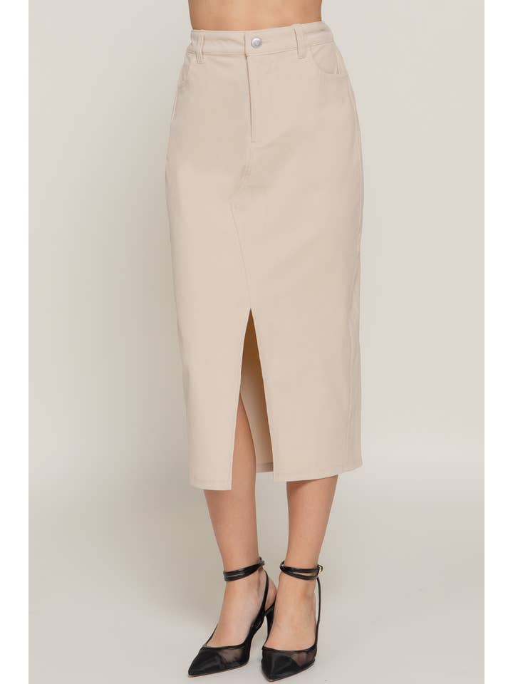 Active Basic | Active USA - Wholesale Skirt - Women's - Waist Band Front Open Slit Corduroy Midi Skirt12