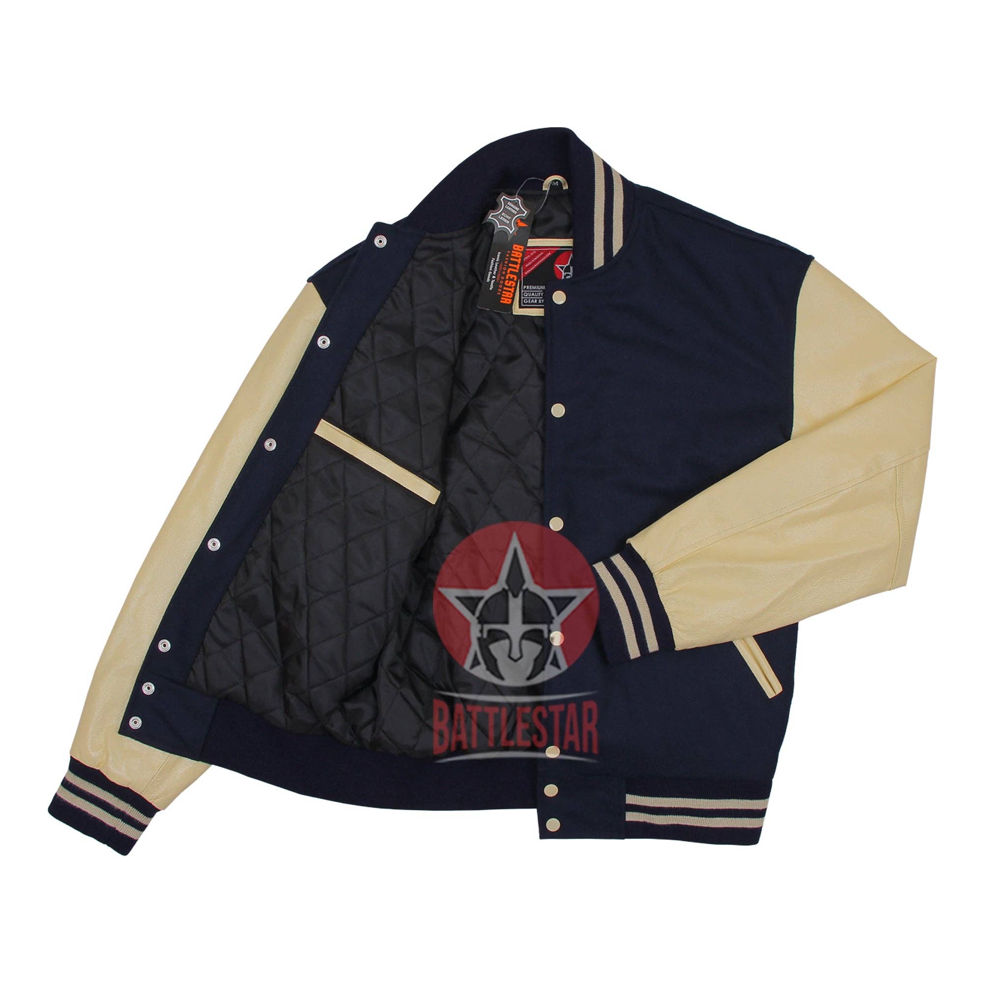 Eastworth Industries - Vendita all'ingrosso Giacca da baseball - Uomo - Giacca Varsity con maniche in pelle color crema di lana blu navy3