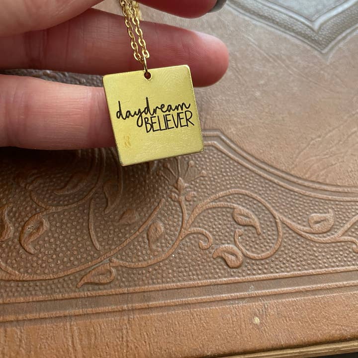 Custom Boho Daydream Believer Engraved Brass Square Necklace for wholesale by Red Shed Designs