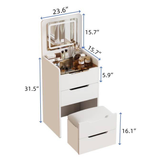 Blanc Coiffeuse 3-en-1 de 60 cm avec miroir rabattable et 3 tiroirs en vente sur Faire15
