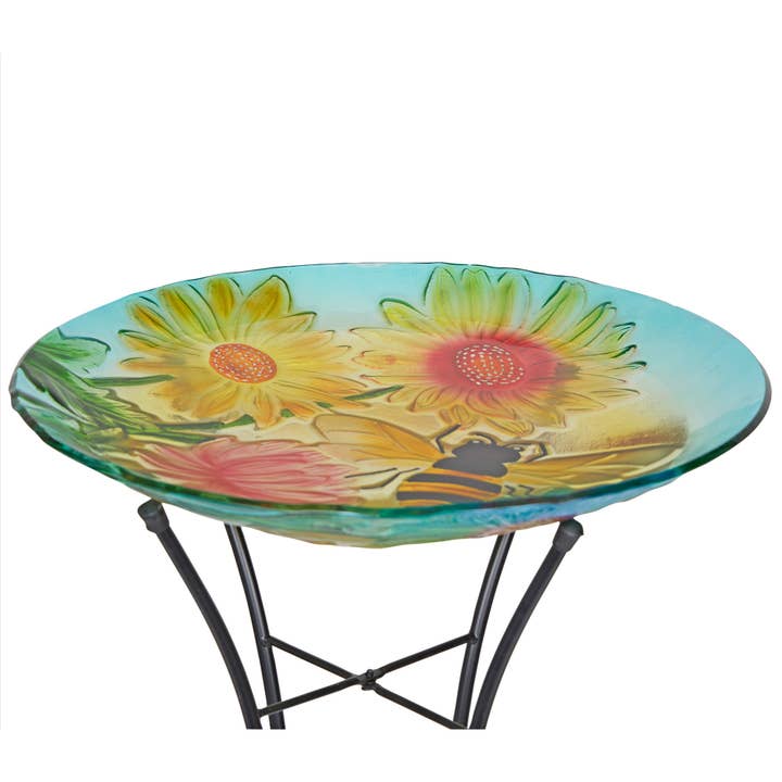 Alpine Corporation - Wholesale Bird Bath - Alpine Corporation 18" Glass Birdbath w/ Flowers & Bee