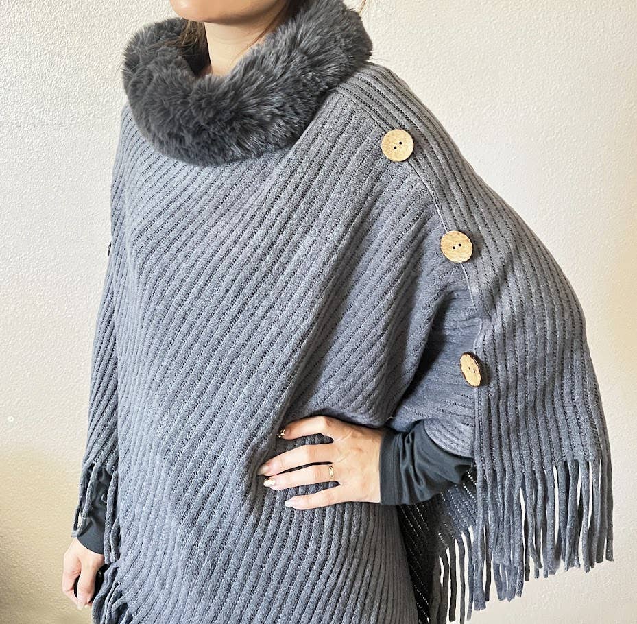 Fennco Styles - Vente Poncho – femme - Poncho en tricot côtelé à col en fourrure gris avec franges   2