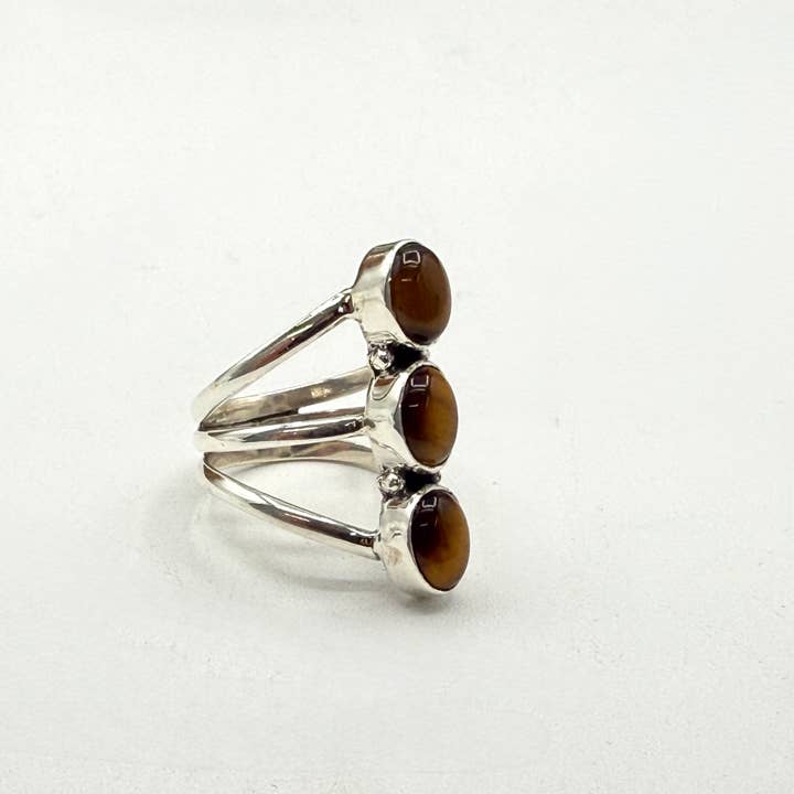 Tiger Eye 3 stone ring gemstone 925 Silver Ring  for wholesale by Meraki Gemstones